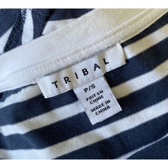 TRIBAL Womens Petite Size PS Striped V Neck Knotted Short Sleeve T Shirt - Picture 7 of 7